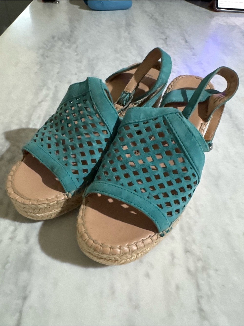 Franco Sarto Teal Espadrille Slingback Leather Heeled Beach Resortwear Sandals 7